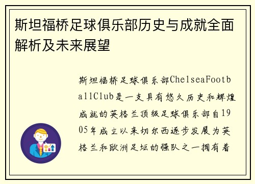 斯坦福桥足球俱乐部历史与成就全面解析及未来展望
