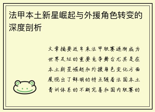 法甲本土新星崛起与外援角色转变的深度剖析
