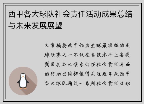 西甲各大球队社会责任活动成果总结与未来发展展望